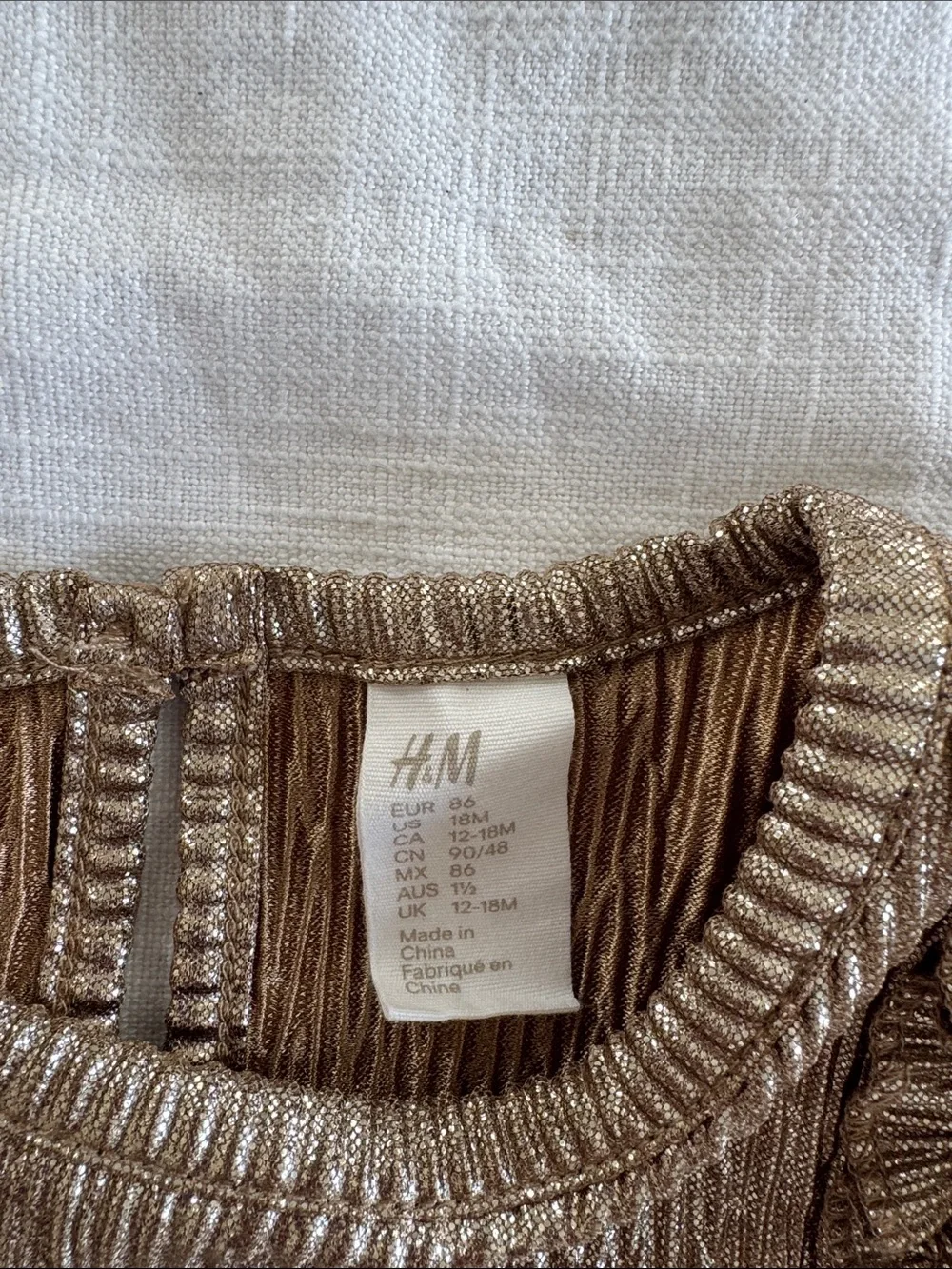 H&M Metallic Gold Ruffle-Detail Long Sleeve Dress